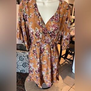 Xhilaration Mustard Floral Wrap Midi Dress with Rose Accents